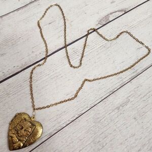 Gold Heart Locket Necklace with Cat Motif